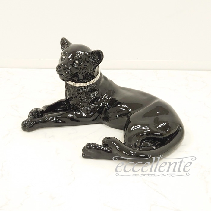 イタリア製　置物 VO-71194CNL イタリア製 陶製置物 黒ヒョウ lying with collar