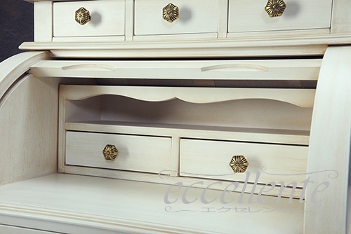 イタリア製 ライティングデスク 6段引出／アンティークホワイト