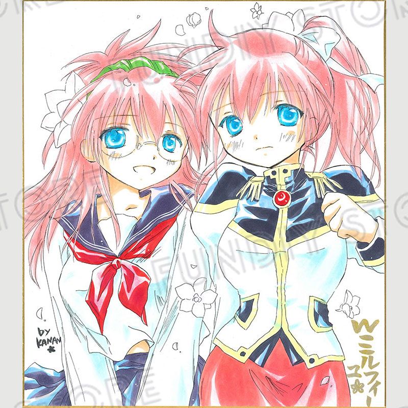 【サイレントオークション★6/30 12:00～！】【限定1枚】かなん先生　ギャラクシーエンジェル　完成品カラーイラスト色紙99『ダブルミルフィーユ（髪型変更オプションミルフィーユと、メガネオプション＋制服オプションミルフィーユ）』