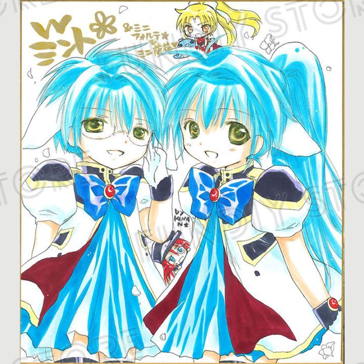 【サイレントオークション★6/30 12:00～！】【限定1枚】かなん先生　ギャラクシーエンジェル　完成品カラーイラスト色紙101『ダブルミント（髪型変更オプションミントと、メガネオプションミント）＆ミニキャラ達』