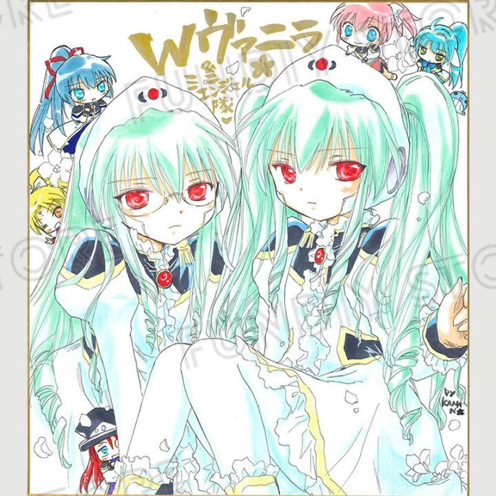【サイレントオークション★6/30 12:00～！】【限定1枚】かなん先生　ギャラクシーエンジェル　完成品カラーイラスト色紙102『ダブルヴァニラ（髪型変更オプションヴァニラと、メガネオプションヴァニラ）＆ミニキャラ達』