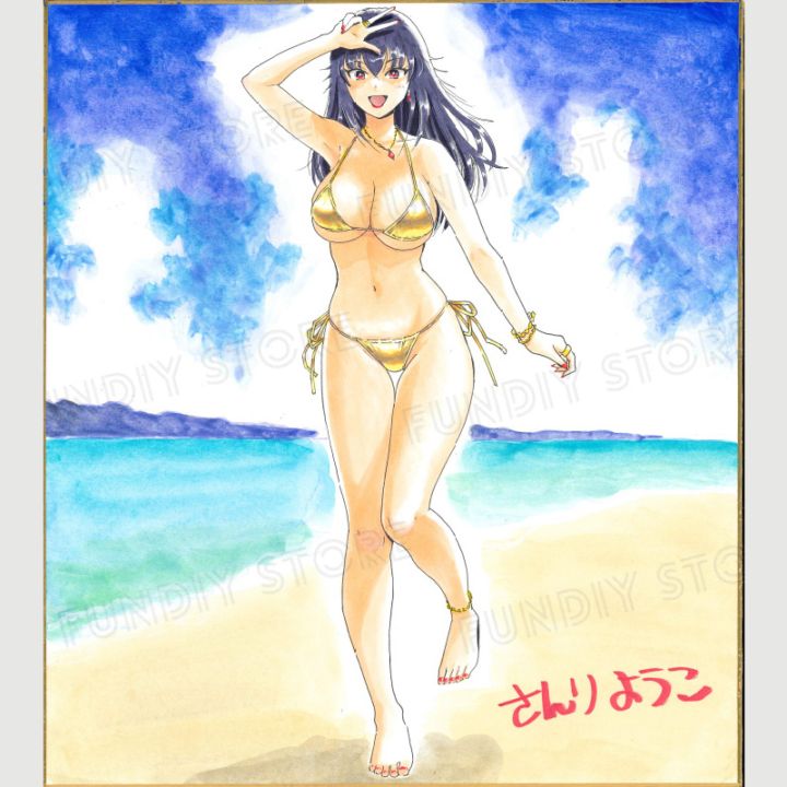【限定1枚 ★サイレントオークション★5/8 18:00～5/18 23:59まで！】さんりようこ先生　完成品カラーイラスト色紙6『おねーさんが侵略中！？』天堂くれな（金ビキニ）