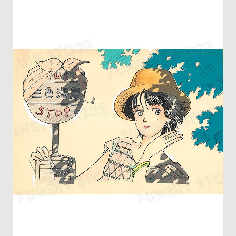 【限定1枚】よしまさこ先生　原画3『海辺のバス停』雑誌の口絵絵ハガキ用に描き下ろしたアナログ作品