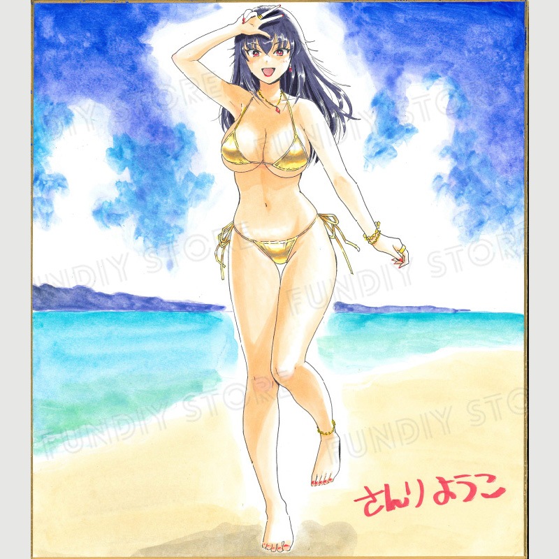 【限定1枚 ★サイレントオークション★5/8 18:00～5/18 23:59まで！】さんりようこ先生　完成品カラーイラスト色紙6『おねーさんが侵略中！？』天堂くれな（金ビキニ）