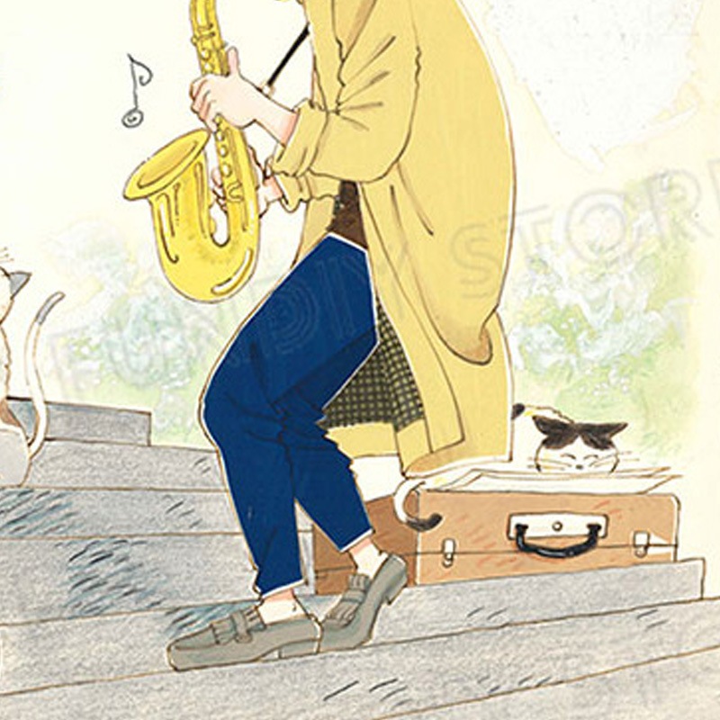 【限定1枚】よしまさこ先生　原画1『猫とサクソフォン』雑誌の口絵カレンダー用に描き下ろしたアナログ原稿