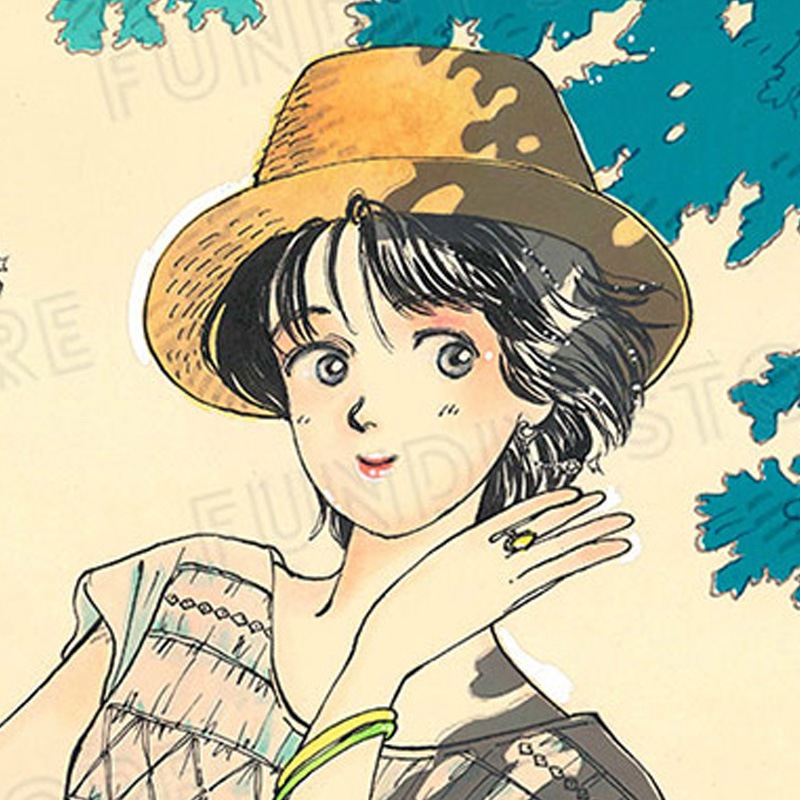 【限定1枚】よしまさこ先生　原画3『海辺のバス停』雑誌の口絵絵ハガキ用に描き下ろしたアナログ作品