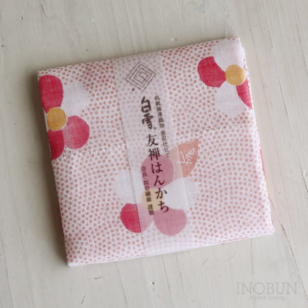 【在庫限り終了】白雪 友禅染はんかち 椿 弥生 白雪はんかち 30 x 30cm オレンジ 珊瑚