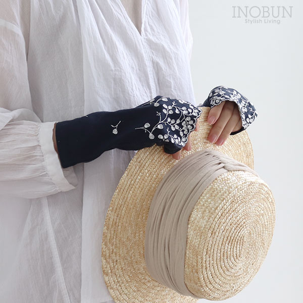 UVカット アームカバー ショート 指先花刺繍 ネイビー 指なし 手袋 綿 コットン 滑り止め