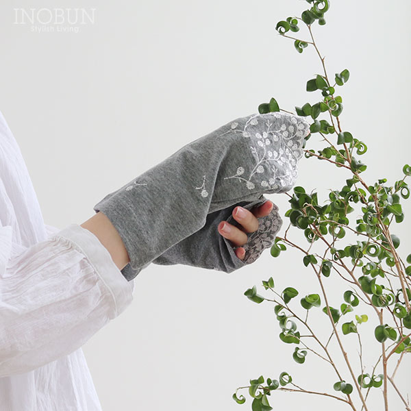 UVカット アームカバー ショート 指先花刺繍 グレー 指なし 手袋 綿 コットン 滑り止め