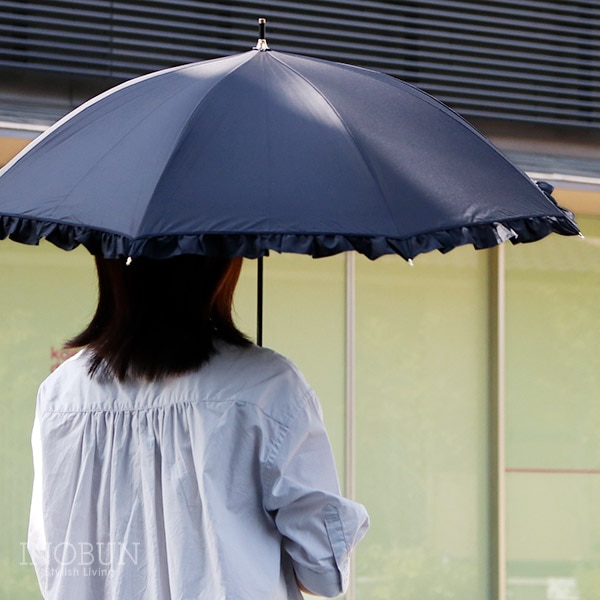 未使用　晴雨兼用　日傘　長傘　ネイビー　紺　フリル　UV 1級遮光　パラソル 日傘 完全遮光 長傘 遮光クラシックフリル ネイビー 紺 晴雨兼用