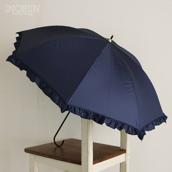 未使用　晴雨兼用　日傘　長傘　ネイビー　紺　フリル　UV 1級遮光　パラソル 日傘 完全遮光 長傘 遮光クラシックフリル ネイビー 紺 晴雨兼用