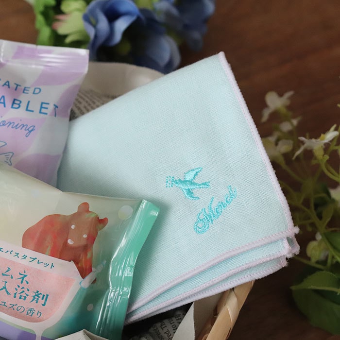 ハンカチ ダブルガーゼハンカチ 小鳥刺繍柄 ブルーxパープル 綿100% 日本製