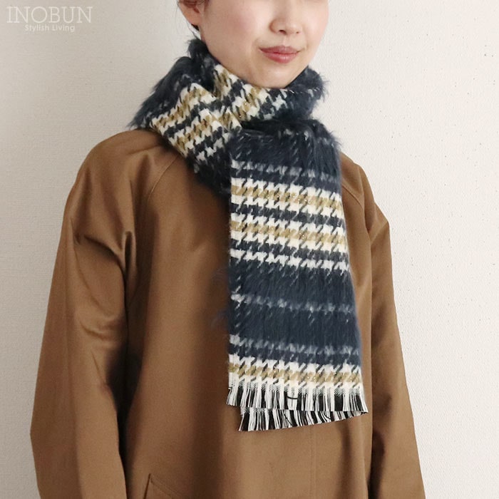 マフラー フランス製 千鳥チェックラメ ネイビー系 ピエールキオック PIERRE QUIOC フランスマフラー