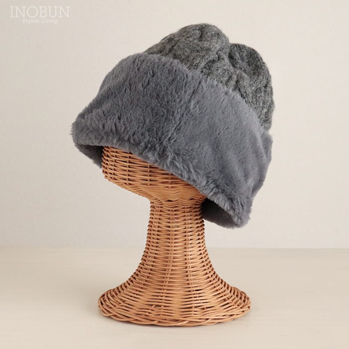 ファートーク風スフレワッチ グレー ニット帽 ニットキャップ ビーニー ファー 帽子 冬 防寒 セール