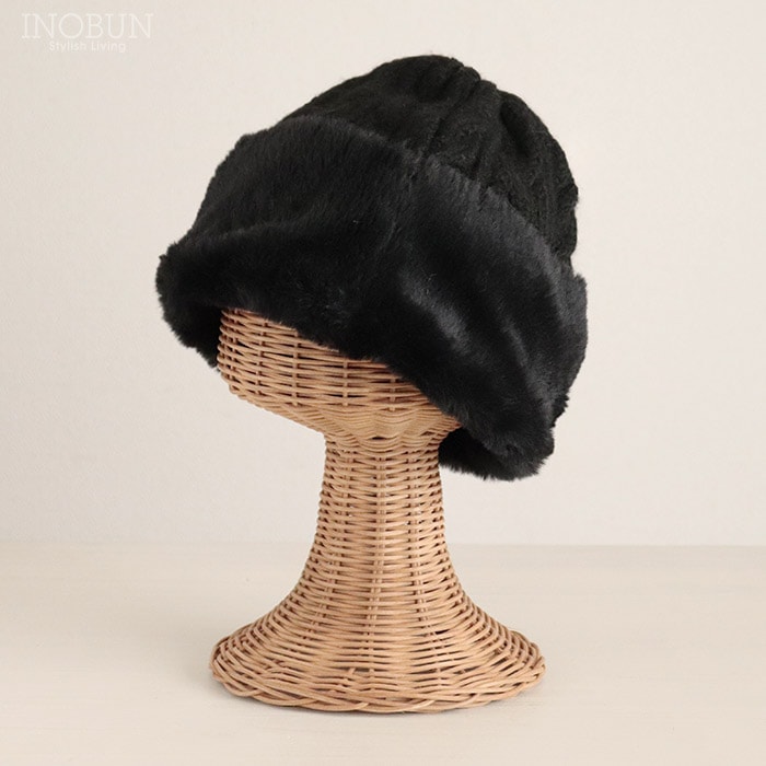 ファートーク風スフレワッチ ブラック ニット帽 ニットキャップ