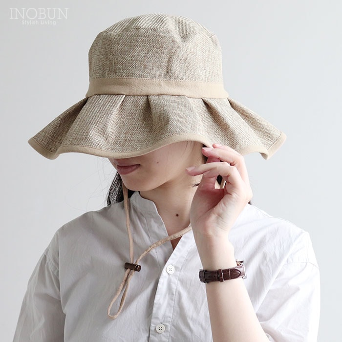 ポリジュートフリルハット ベージュ 帽子 UVケア 紫外線対策 つば広 ハット 紐付き