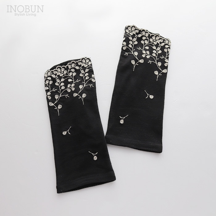 UVカット アームカバー ショート 花刺繍 ブラック 指なし 手袋 綿