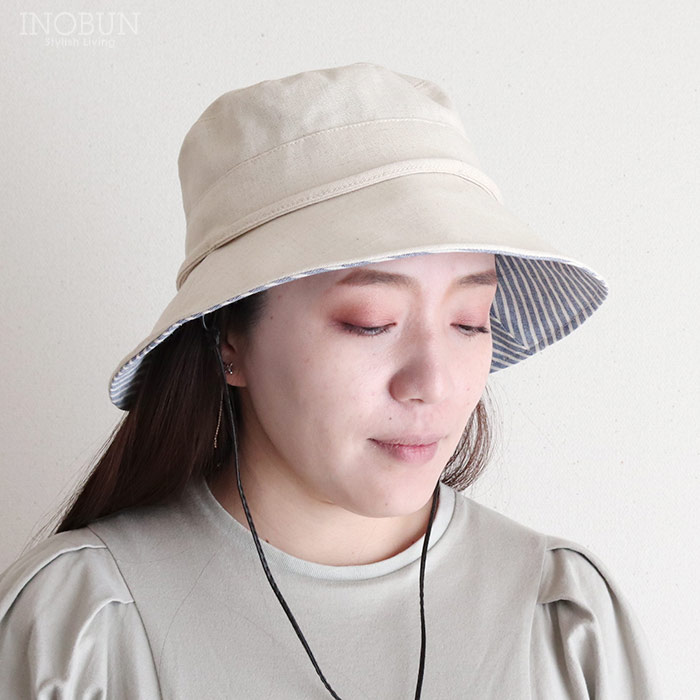 UVブリム裏柄ハット 生成り 帽子 紐付き UVカット UVケア 紫外線対策 