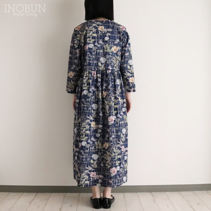 Parkes リバティ 七分袖 切り替えギャザーキーネックワンピース 