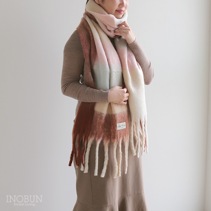 ボリュームフリンジマフラー ブラウン ブロックチェック イノブンオリジナル 防寒 ギフト セール