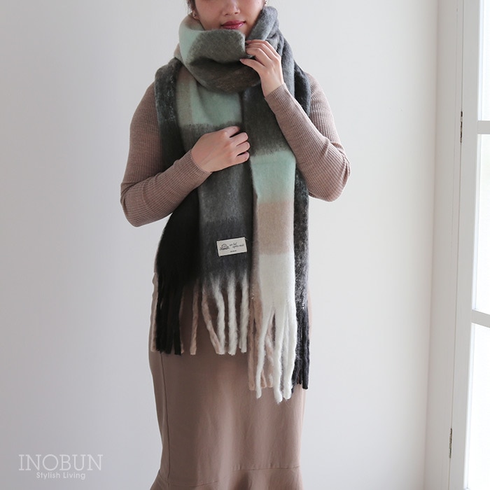 ボリュームフリンジマフラー ブラック ブロックチェック イノブンオリジナル 防寒 ギフト セール