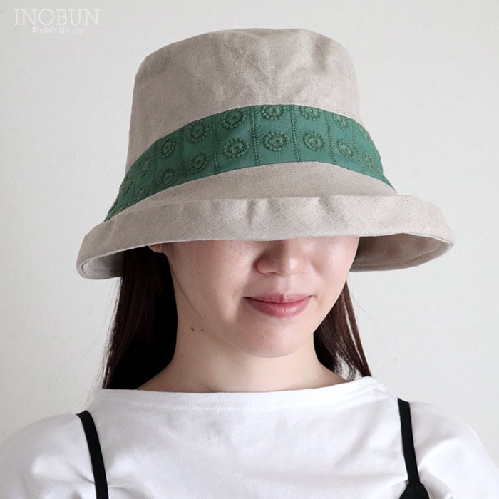 配色 サンドウォッシュ リネンオブザーハット レースグリーン 帽子 UVケア 日よけ 紫外線対策 つば広 折りたためる 洗える