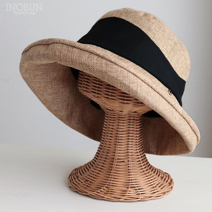 クリップ付き切替布帛ハット 帽子 ベージュ リボンブラック UVケア 折りたためる