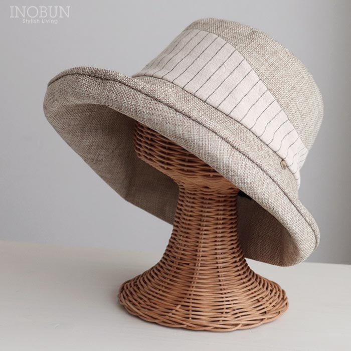 クリップ付き切替布帛ハット 帽子 ベージュ ストライプリボン UVケア 折りたためる