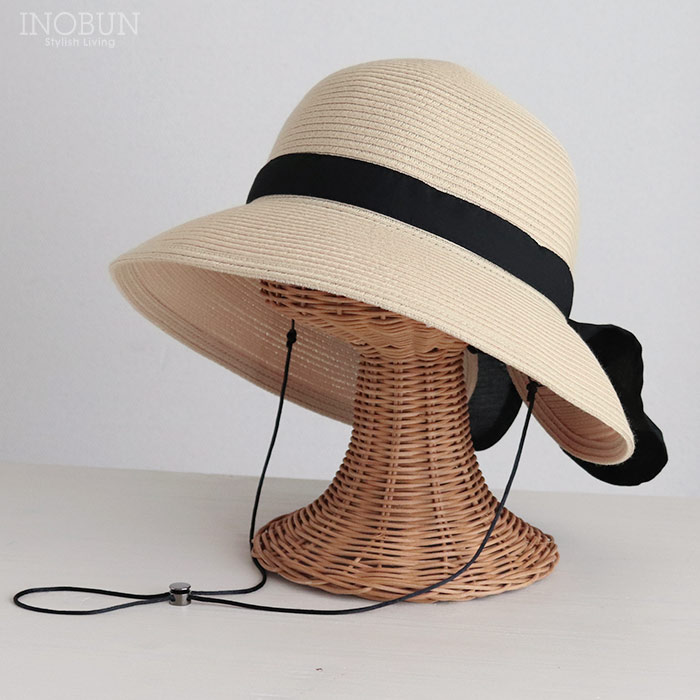 リボン付きつば広帽子 ホワイトベージュ uvhat01.jpg