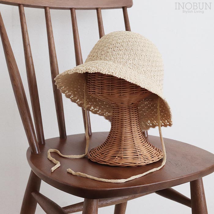 編み後ろ割れひも付きハット 帽子 ベージュ バケットハット 紐付き