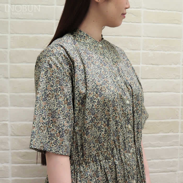 7.parks リバティワンピース M Parkes リバティ ドロップショルダータックワンピース 七分袖