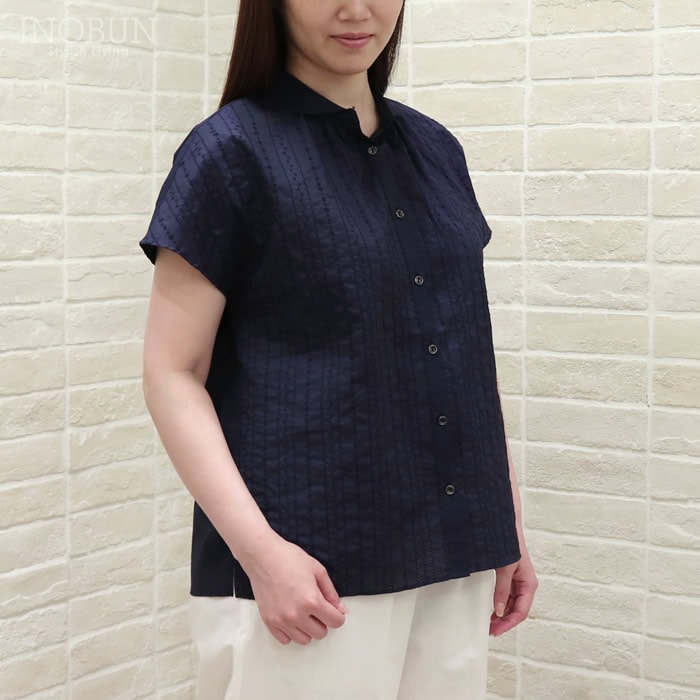 Parkes フラワーストライプ刺繍 丸衿スキッパーシャツ 半袖 M