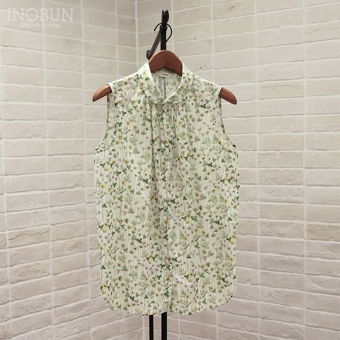 Parkes リバティ ノースリーブラウンドギャザーネックシャツ