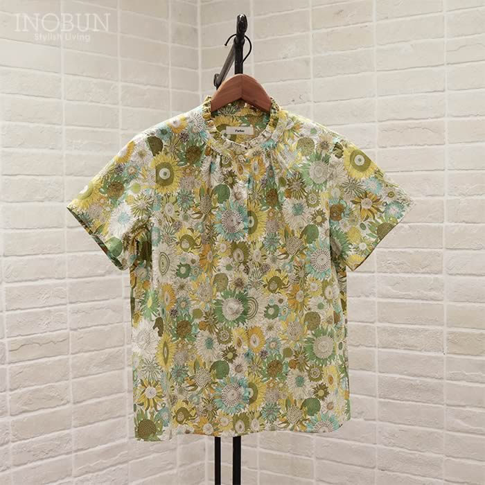 【美品】パークス×リバティ 半袖ブラウス Felda (フェルダ) 丸襟 花柄 Parkes リバティ 半袖スタンドフリルブラウス Mサイズ Small