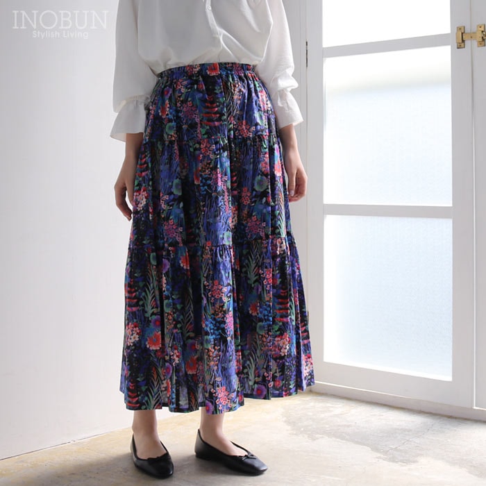 イノブン別注 Vent d'ouest リバティ ティアードロングスカート Tresco/EE  38サイズ 花柄 ブラック系