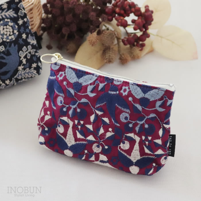 ten to sen BASICポーチ バード パープル 点と線模様製作所生地 化粧ポーチ 底マチ 内ポケットあり