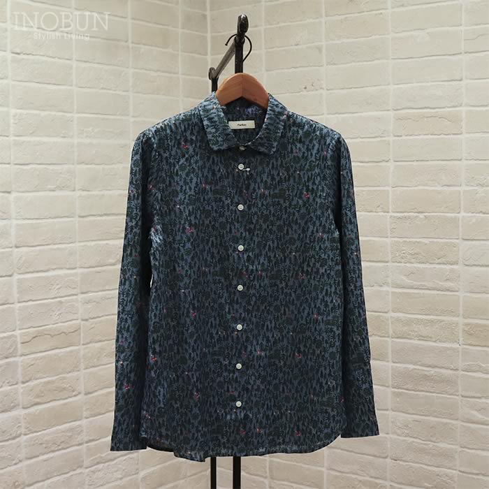 【完売】Parkes 小丸衿レギュラーシャツ 60ローン 森の動物 ブルー Mサイズ ブラウス パークス