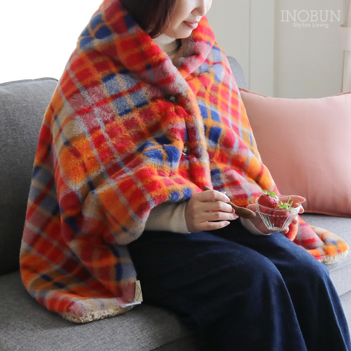 ケープブランケット レトロチェックファー レッド INOBUN オリジナル ギフト 温活