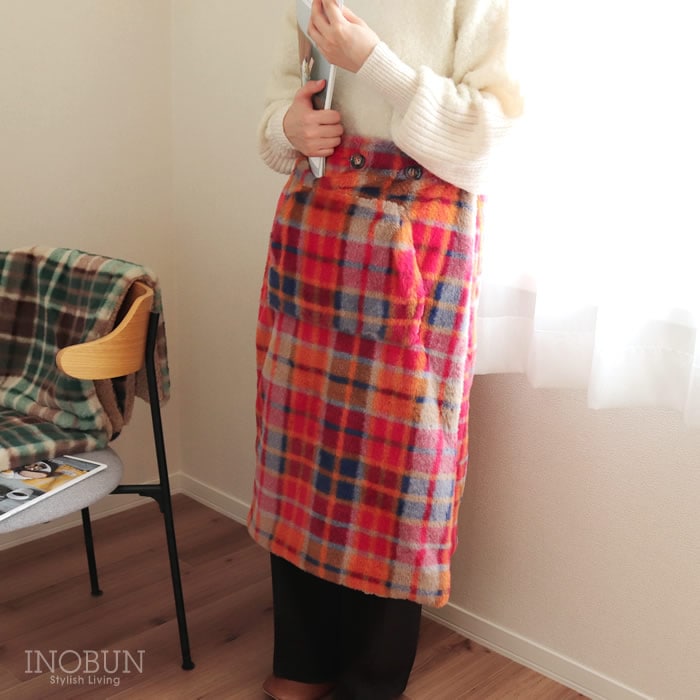 腰巻きケット レトロチェックファー レッド INOBUN オリジナル ギフト 温活
