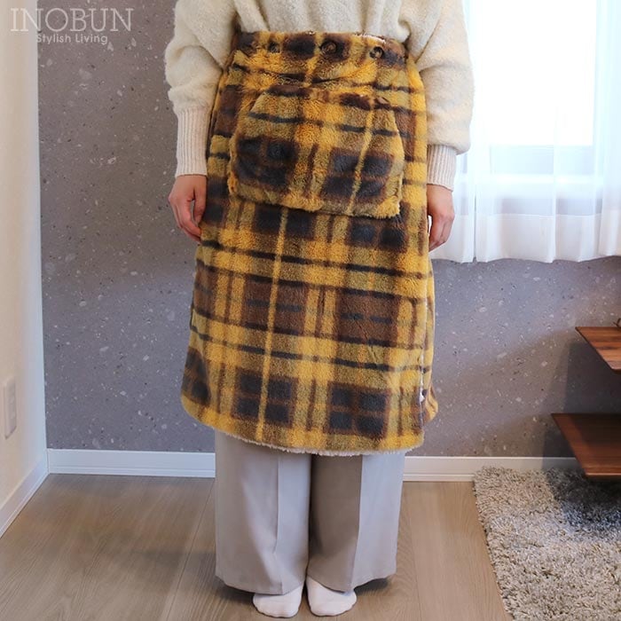 腰巻きケット レトロチェックファー2 イエロー INOBUN オリジナル 温活