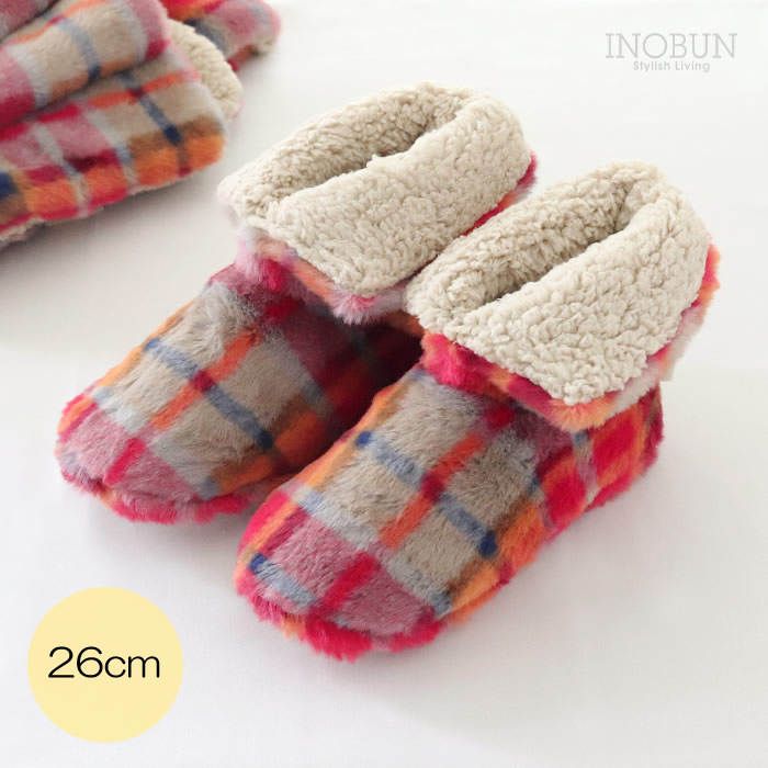 ルームブーツ レトロチェックファー 26cm レッド ルームシューズ INOBUN オリジナル ギフト 温活 セール