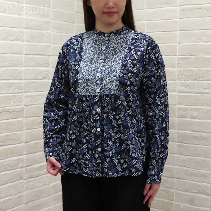 Vent d'ouest リバティ 配色ブラウス EDENHAM ネイビー系 38サイズ LIBERTY ヴァンドウェスト セール