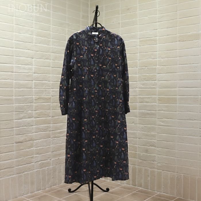 Parkes バンドカラーシャツワンピース 30ビエラ 森の中の家 ネイビー M