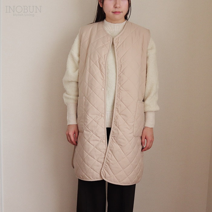 美品 オットダム キルティングロングベスト ベージュ　フリー　ロングジレ 美品 オットダム キルティングロングベスト ベージュフリー