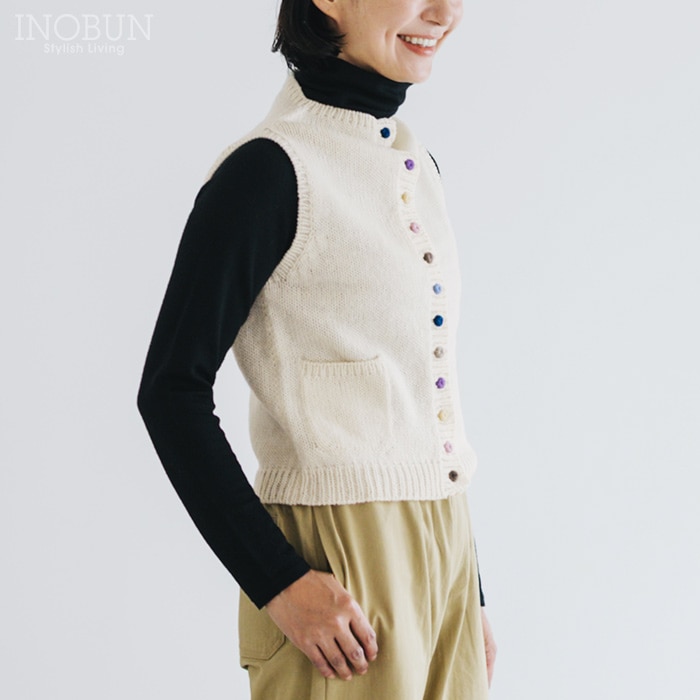 PERU KNIT ニットベスト カラフルボタン Mサイズ BLANCO ホワイト ペルーニット