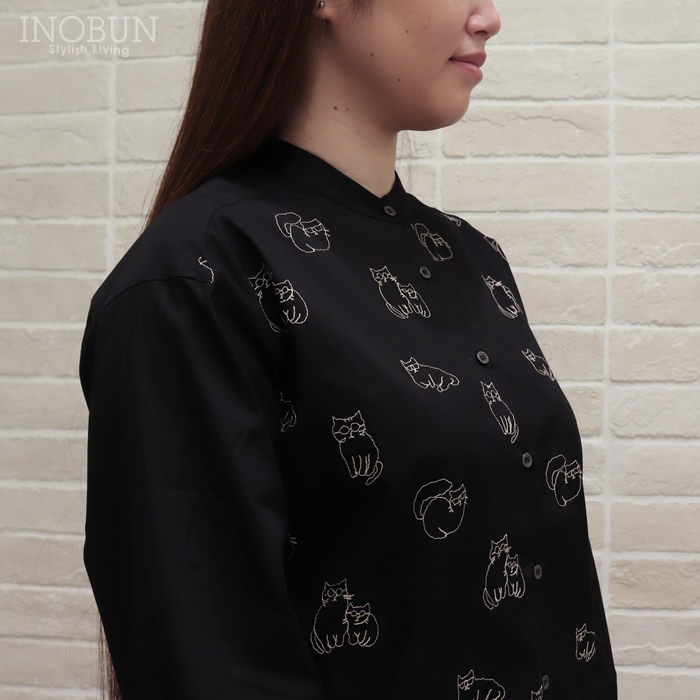 ♥♣Parkes 猫刺繍柄バンドカラーシャツ　ブラック　M Parkes ネコ刺繍 バンドカラードロップショルダーシャツ ブラック 200