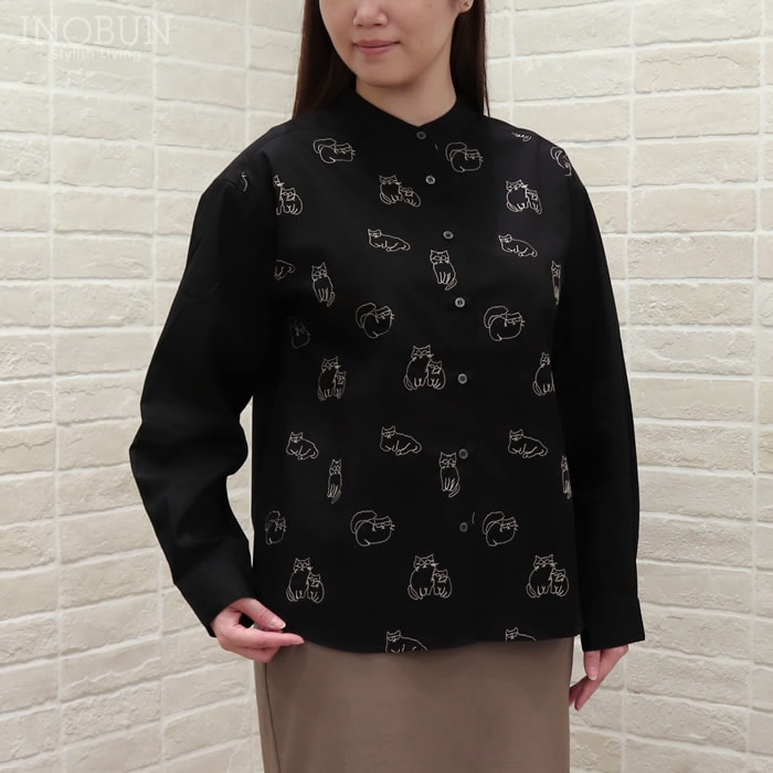 Parkes ネコ刺繍 バンドカラードロップショルダーシャツ ブラック 200本ブロード Mサイズ ブラウス パークス