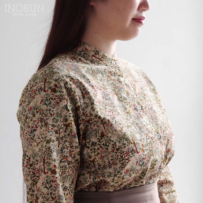 Parkes スタンドカラー レギュラーシャツ 森の動物 21Wコーデュロイ ブラウス ベージュ