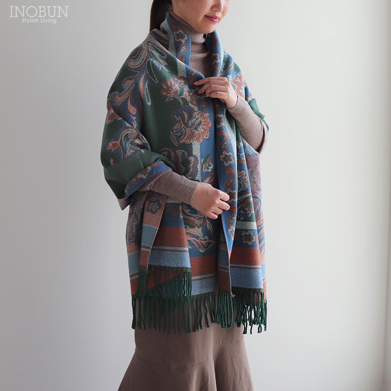 ロイヤルガーデンストール グリーン マフラー 薄手 大判 オリエンタル 大人