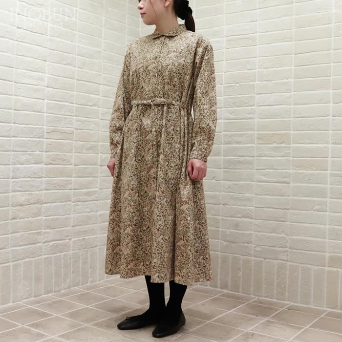 Parkes 共布リボン付きAラインワンピース 森の動物 21Wコーデュロイ ベージュ パークス